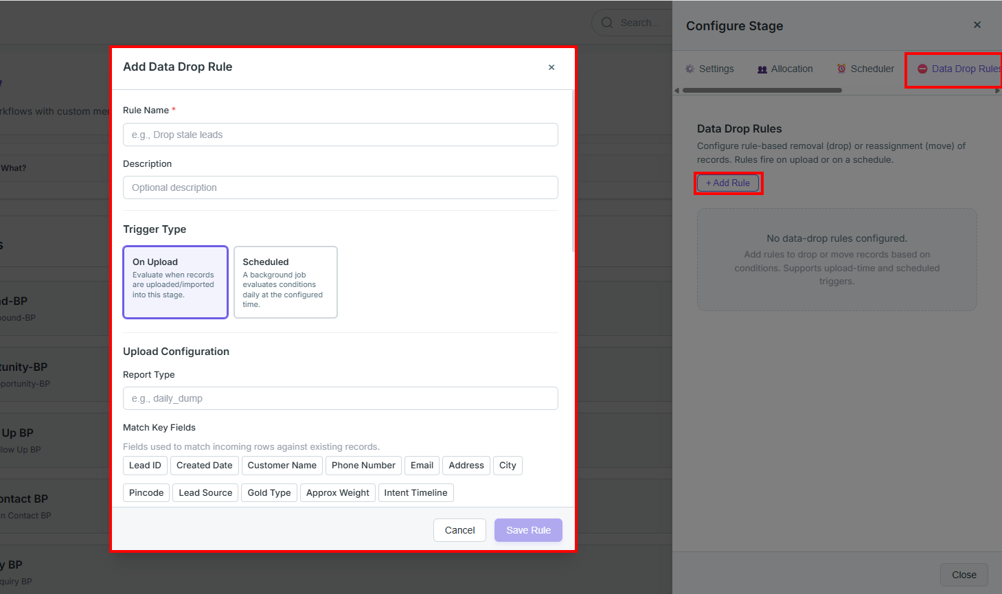 Data Drop Rules Tab